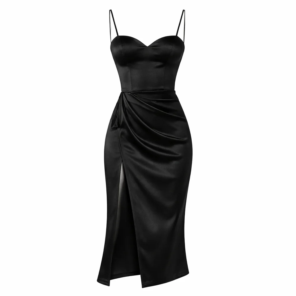 Flora | Women's Sleek Graduation Dress with Spaghetti Straps & High Slit | Satin Midi - Image 5