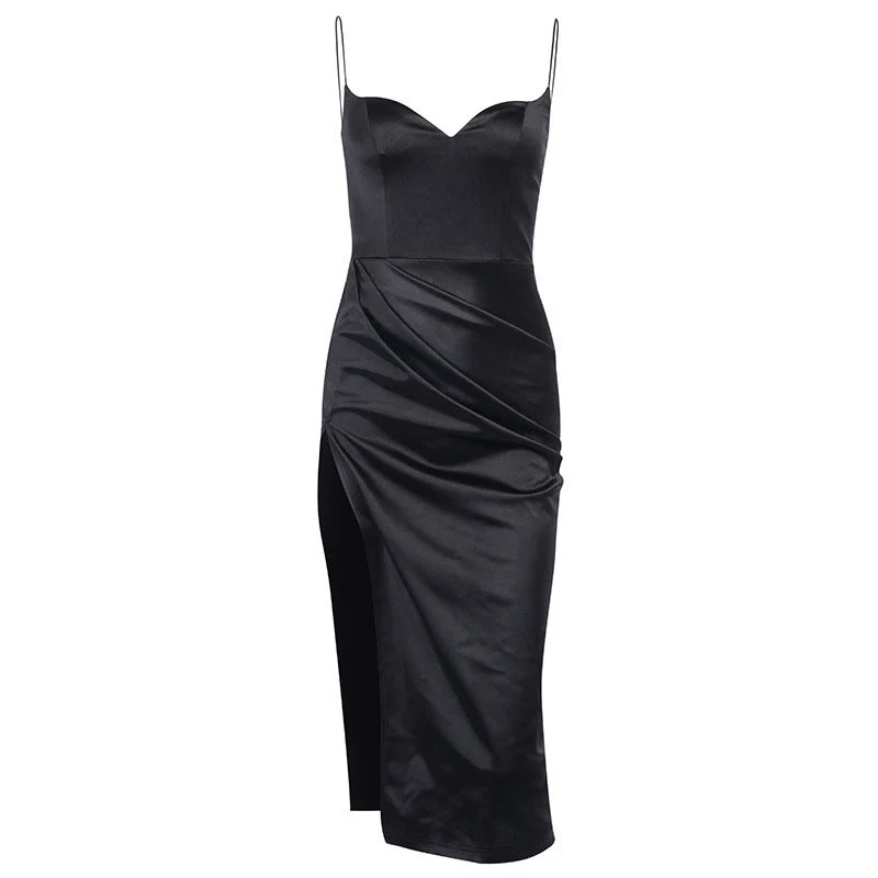 Flora | Women's Sleek Graduation Dress with Spaghetti Straps & High Slit | Satin Midi - Image 4